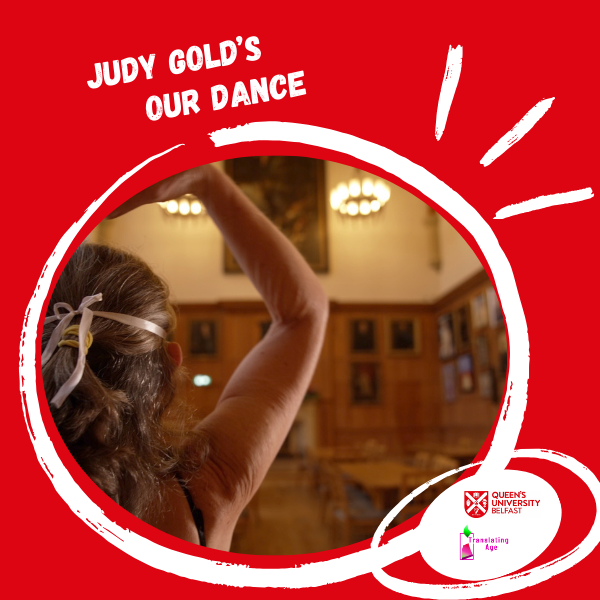 Red background thumbnail including photo of the back of an older woman dancing in an elegant university hall